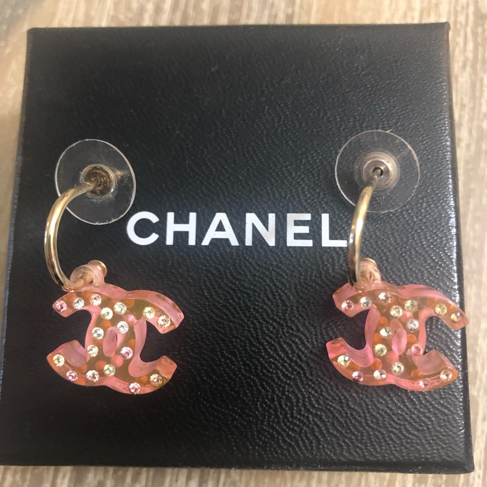 Authentic Chanel Pink, dangly double C earrings